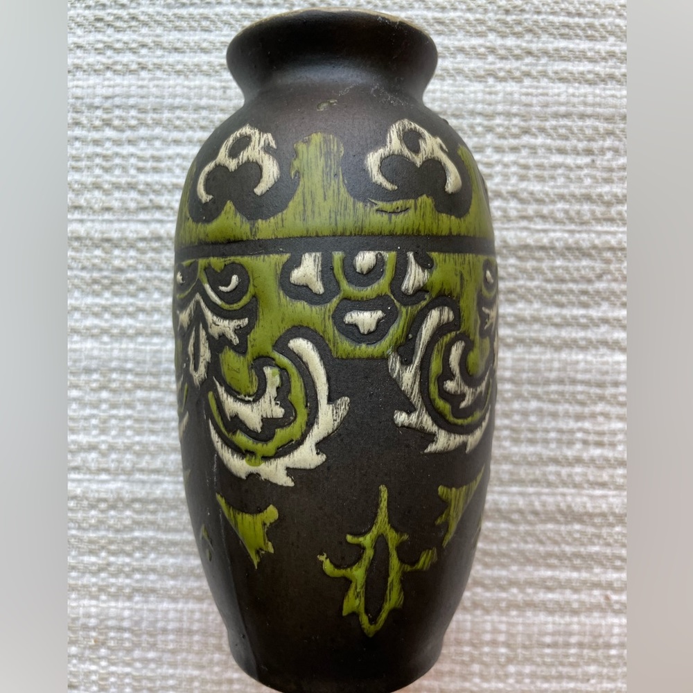 Vintage Mid Century ceramic green and black vase.
